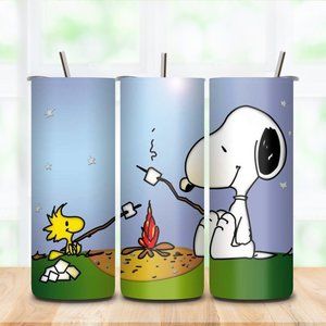 SNOOPY Camping Customizable 20oz tumbler with metal straw, cleaning brush